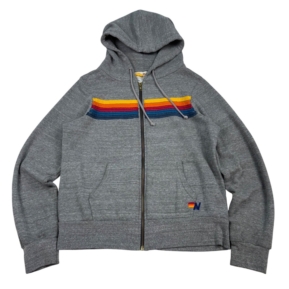 Aviator Nation Heather Gray Rainbow 5 Stripe Zip Up Hoodie Sweatshirt Medium
